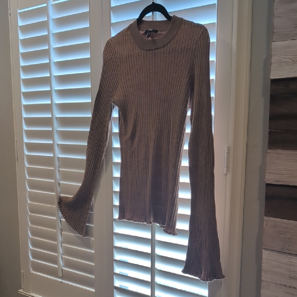 PAIGE Ribbed Bell Sleeve Brown Blouse